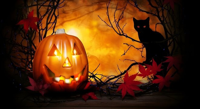 Mystical Halloween night scene with glowing pumpkin, black cat, and enchanted moon surrounded by swirling magic lights and sparkling stars, fantasy spooky illustration
