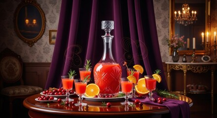 A luxurious spread of red berry infused cocktail in a crystal decanter and glasses, garnished with orange slices and rosemary sprigs, set on a round table with rich purple drapery