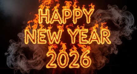 Happy new year 2026 with fiery text effect and smoke on a black background