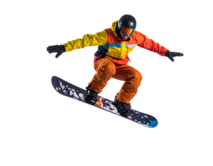 A snowboarder in mid-air performing a jump during a winter sport activity isolated on a transparent background.