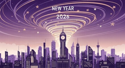New year 2026 celebration with a futuristic city skyline and swirling stars