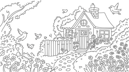 Obraz premium Whimsical hand drawn outline of a charming cottage nestled amongst lush trees and blooming flowers