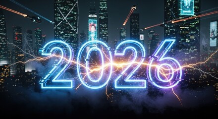 Futuristic city at night with neon 2026 sign, celebrating the new year