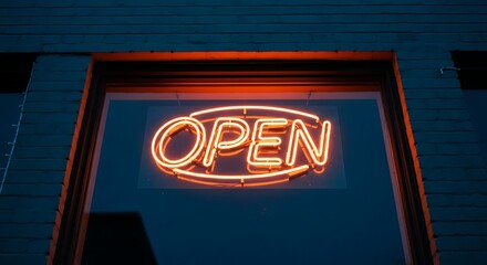Brightly lit orange neon 'OPEN' sign captured at dusk, indicating a store or business is currently available for customers and services