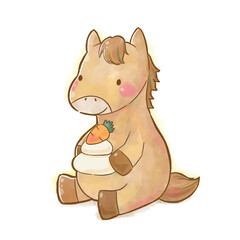 Cute Watercolor Horse Holding Mochi / かわいい水彩風の馬が鏡餅を持っているキャラクターイラスト