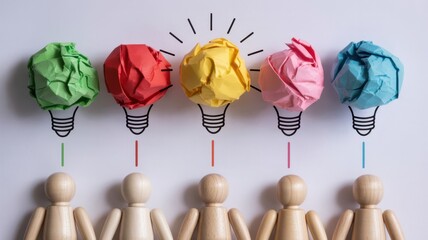 Creative idea generation with crumpled paper light bulbs and wooden figures, showcasing teamwork, innovation, and the power of collaboration