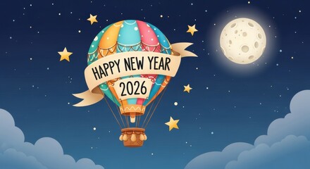 Happy new year 2026 balloon with moon and stars in the night sky
