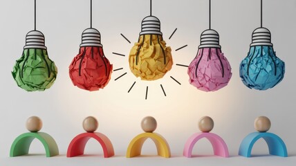Colorful light bulbs and people figures symbolizing creative ideas, teamwork, and innovation for business success and problemsolving