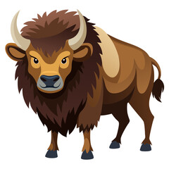 Illustration of a brown bison with a thick coat of fur and large horns, standing tall and looking forward