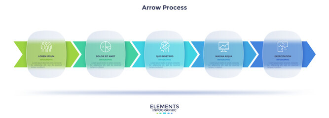 Progress bar with 5 arrows behind translucent circular elements placed in horizontal row. Concept of five steps to business success. Minimal infographic design template. Flat vector illustration.