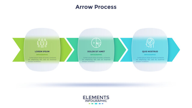 Progress bar with 3 arrows behind translucent circular elements placed in horizontal row. Concept of three steps to business success. Minimal infographic design template. Flat vector illustration.