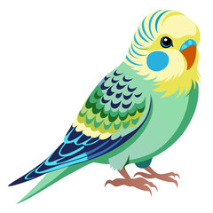 Vector art of a delightful illustration of a lively budgerigar perched elegantly, displaying its vibrant green and yellow plumage