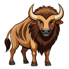 Vector art of cartoon illustration of a brown wildebeest with large horns, standing in a field, looking directly at the viewer
