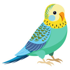 Vector art of a charming illustration of a vibrant budgerigar perched gracefully, showcasing its beautiful turquoise and yellow plumage