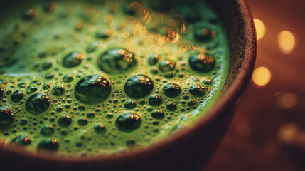 vibrant green matcha tea foam texture in a ceramic cup — detailed close-up perfect for health blogs, wellness articles, beverage packaging, spa and mindfulness designs, or background use in nutrition 