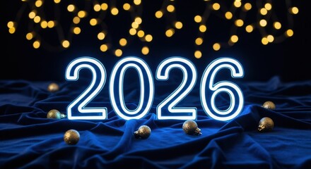 Glowing 2026 on blue velvet with golden ornaments, symbolizing a bright future
