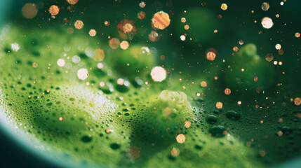 vibrant green matcha tea foam texture in a ceramic cup — detailed close-up perfect for health blogs, wellness articles, beverage packaging, spa and mindfulness designs, or background use in nutrition 