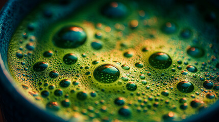 vibrant green matcha tea foam texture in a ceramic cup — detailed close-up perfect for health blogs, wellness articles, beverage packaging, spa and mindfulness designs, or background use in nutrition 