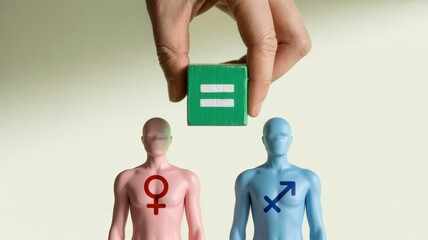 Equality concept showing a hand placing an equal sign above male and female figures, symbolizing gender equality and equal rights