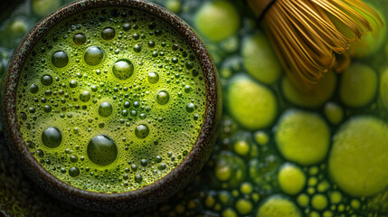 vibrant green matcha tea foam texture in a ceramic cup — detailed close-up perfect for health blogs, wellness articles, beverage packaging, spa and mindfulness designs, or background use in nutrition 