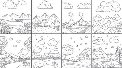 Peaceful mountain landscapes, nature, sky, drawing, coloring pages for kids