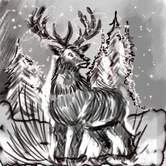 hand drawn vector illustration Deer in forest