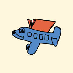hand drawn cute airplane and book cartoon illustration