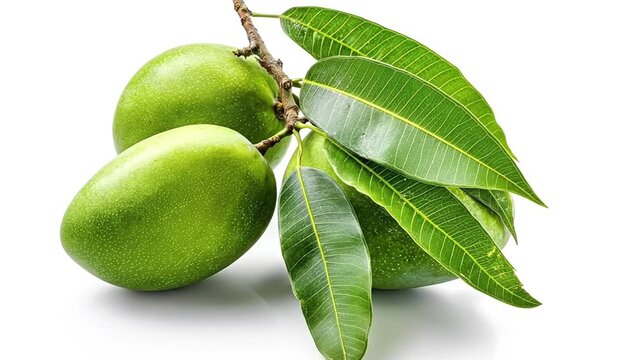 A vibrant still life captures several unripe green mangoes clinging to a textured branch, adorned with lush, verdant leaves. The fruit, characterized by its smooth, speckled green skin, stands out aga