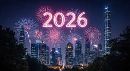 New york city skyline with fireworks celebrating the year 2026, a vibrant scene