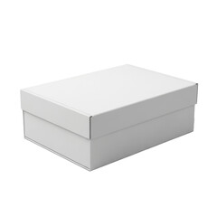 Fototapeta premium A pristine, closed, blank rectangular white cardboard box with sharp edges and matte finish, angled on a seamless transparent background with high-key lighting, concept of minimalist product packaging