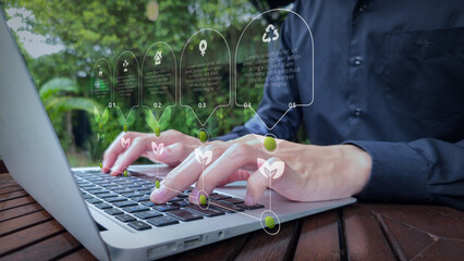 Eco-Friendly Technology Infographic with Sustainability Icons and Outdoor Setting