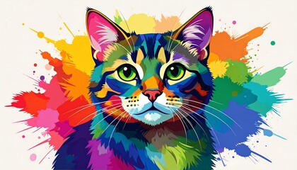 Colorful Cat Portrait with Vibrant Paint Splashes.