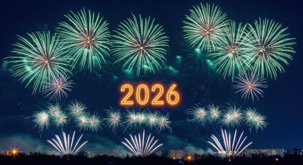 Fireworks display celebrating the arrival of the year 2026 in a night sky