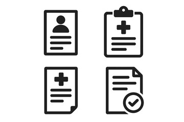 Medical report icon set. Health record and patient file vector symbols. Diagnosis, clinical results, and healthcare history on a clipboard. Approved document with check mark.