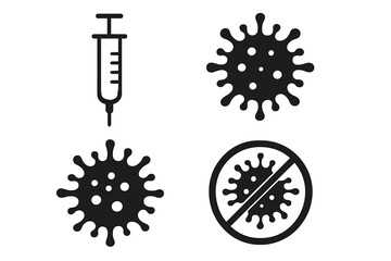 Medical syringe and virus icon set. Vaccination and immunization symbol. Coronavirus, flu, bacteria pathogen icon. Stop virus sign. Healthcare vector illustration concept.