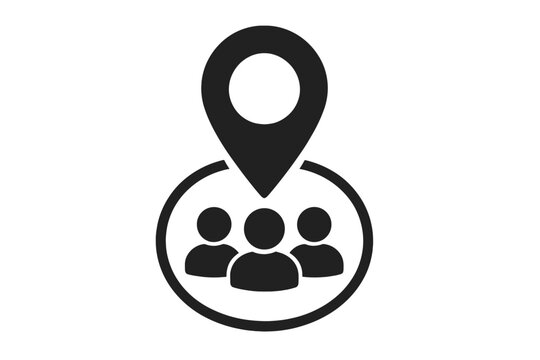 Meeting point location icon. Business branch or team position concept. Target audience or customer group symbol. Community hub and people destination place. Management gps pin.