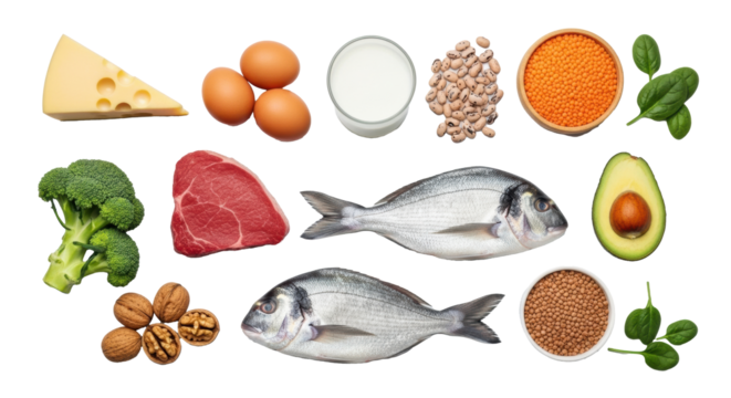 Flat lay of diverse healthy food: cheese, eggs, lentils, milk, broccoli, steak, fish, avocado, walnuts, spinach on white, soft gray background with copy space, balanced nutrition concept