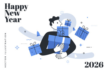 Man holding a pile of gift boxes for Happy New Year 2026 celebration in flat thin line minimal style festive event. Vector illustration for web design or print template