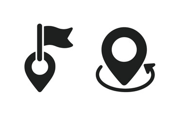 Location pin icon set. Map pointer with flag for destination and goal. GPS navigator symbol with refresh arrow for route update, return trip or reset. Vector glyph pictogram.