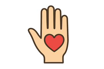 Obraz premium Palm hand with a heart icon. Symbol of benevolence, voluntary, kindness, helpful. Vector for charity, donation, love, support, health care. Philanthropy and social work.