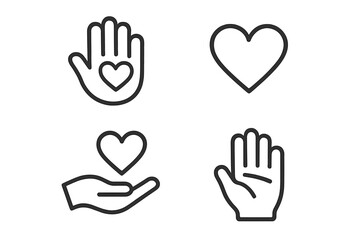 Obraz premium Charity and donation icon set. Hand with heart symbol for benevolence, voluntary, kindness, and help. Outline vector of love, care, support, and compassion concept.