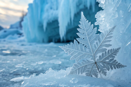 Beautiful frozen landscape of winter icicles on a pine forest roof under a blue sky