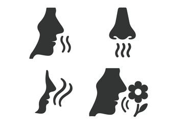 Smelling icon vector illustration set. Olfaction symbol collection. Sense of smell concept. Human nose breathing in fragrance, scent, aroma, odor. Person smells a flower.