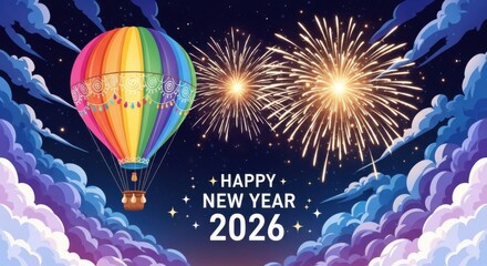 Happy new year 2026 celebration with hot air balloon and fireworks display
