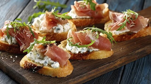 A visually appealing arrangement of gourmet appetizers is showcased on a rustic wooden board, ready for enjoyment. Each bite-sized toast features a crispy base, generously topped with a creamy, rich c
