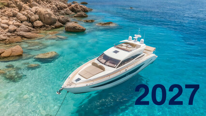 Fototapeta premium Luxury yacht anchored in crystal clear turquoise water with rocky coastline and 2027 text, tropical travel and summer vacation concept symbolizing freedom, adventure, and relaxation at sea