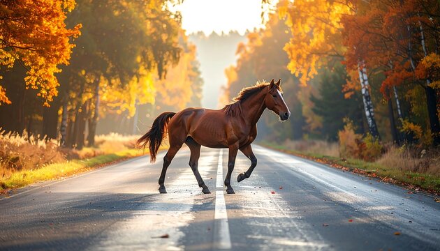 Brown horse confidently walking on an empty road