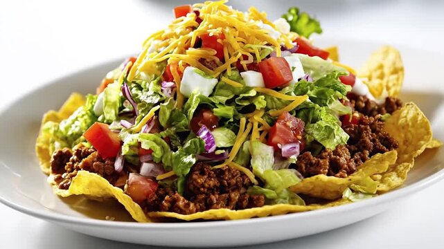 A visually appealing, close-up shot of a hearty and vibrant meal, meticulously arranged in a golden, crispy tortilla bowl. This appetizing dish features a base of seasoned ground meat, generously topp