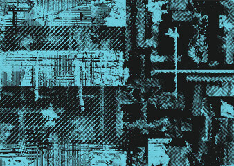 Glitch distorted geometric shape . Noise destroyed logo . Trendy cyber punk poster . Glitched frame .Grunge textured . Distressed effect .Vector shapes with a halftone dots screen print texture.