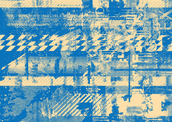 Glitch distorted geometric shape . Noise destroyed logo . Trendy cyber punk poster . Glitched frame .Grunge textured . Distressed effect .Vector shapes with a halftone dots screen print texture.